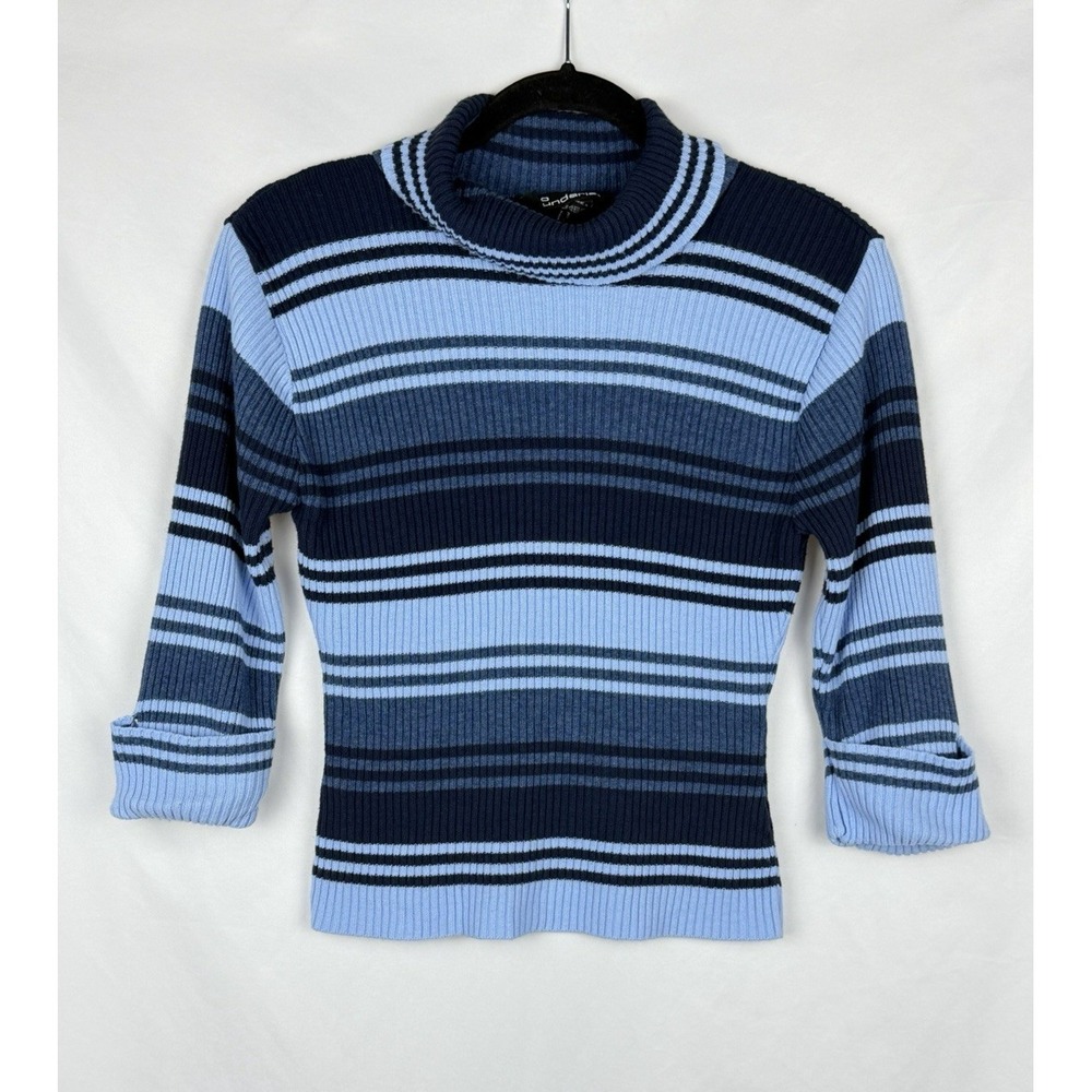 VTG No Boundaries Striped Turtleneck Sweater Juniors Lg Blue Ribbed Knit Y2K